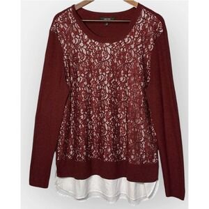 Simply Vera Vera Wang Womens L Burgundy Lace Front Layered Look Sweater Wine Red